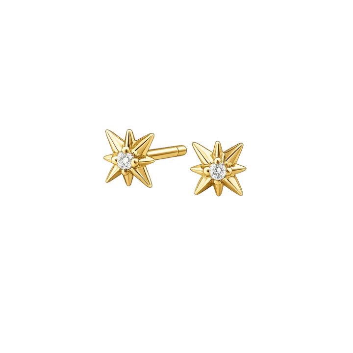 Gold star-shaped earrings with clear gemstones on a white background