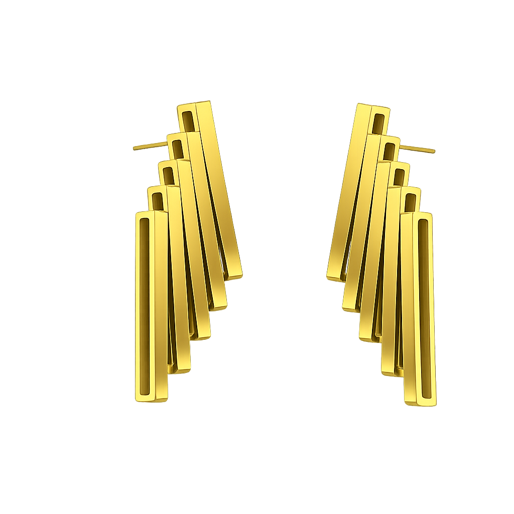 Gold earrings with vertical bars on a white background