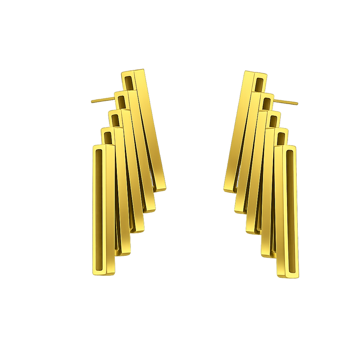 Gold earrings with vertical bars on a white background