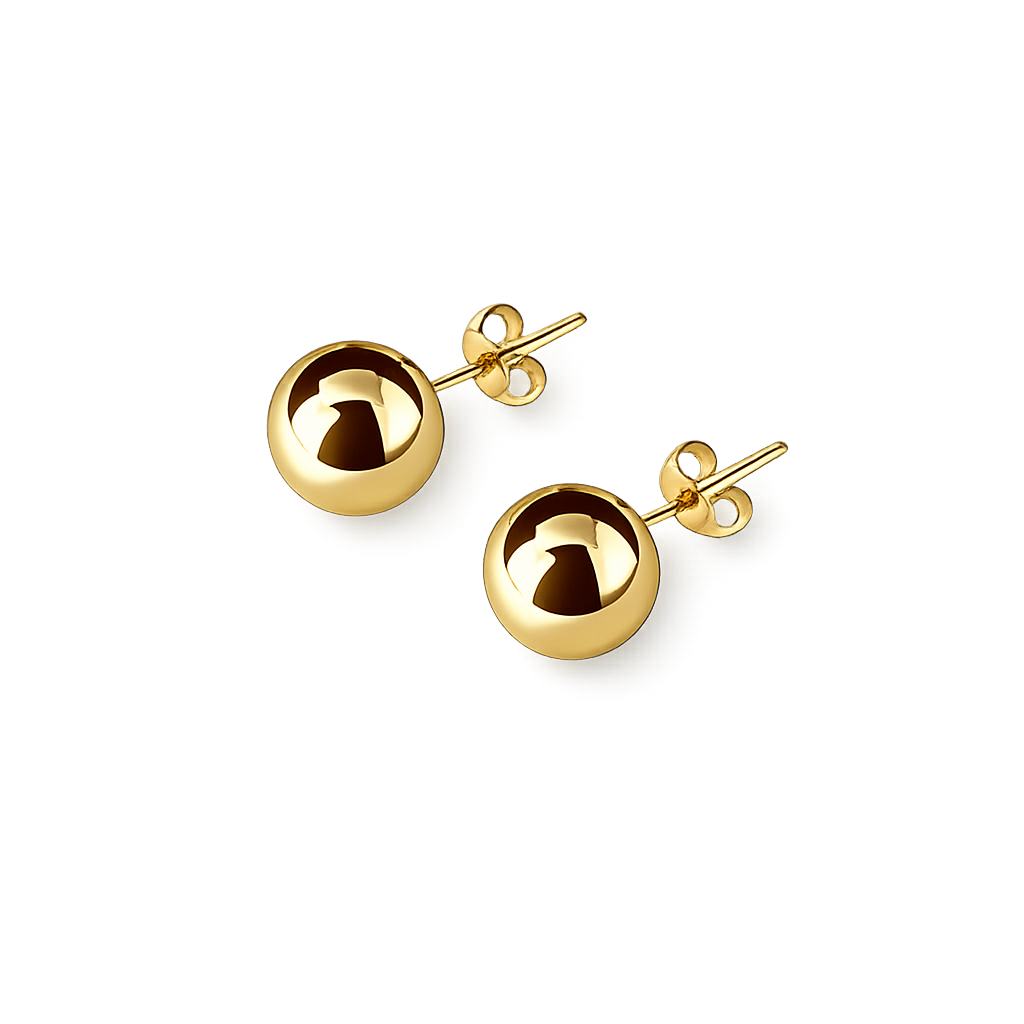 Gold ball earrings on a white background