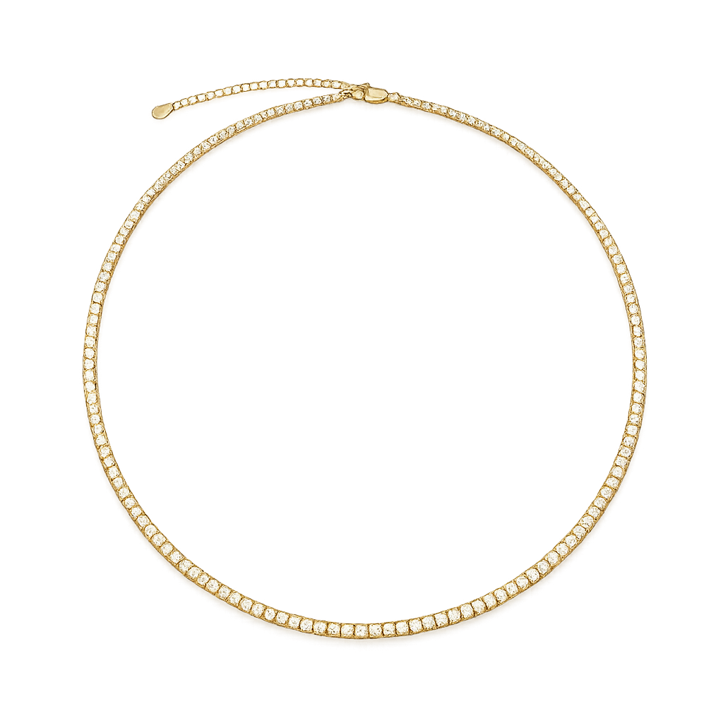 Gold necklace with small diamonds on a white background