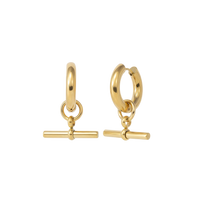 Gold hoop earrings with bar charms on a white background