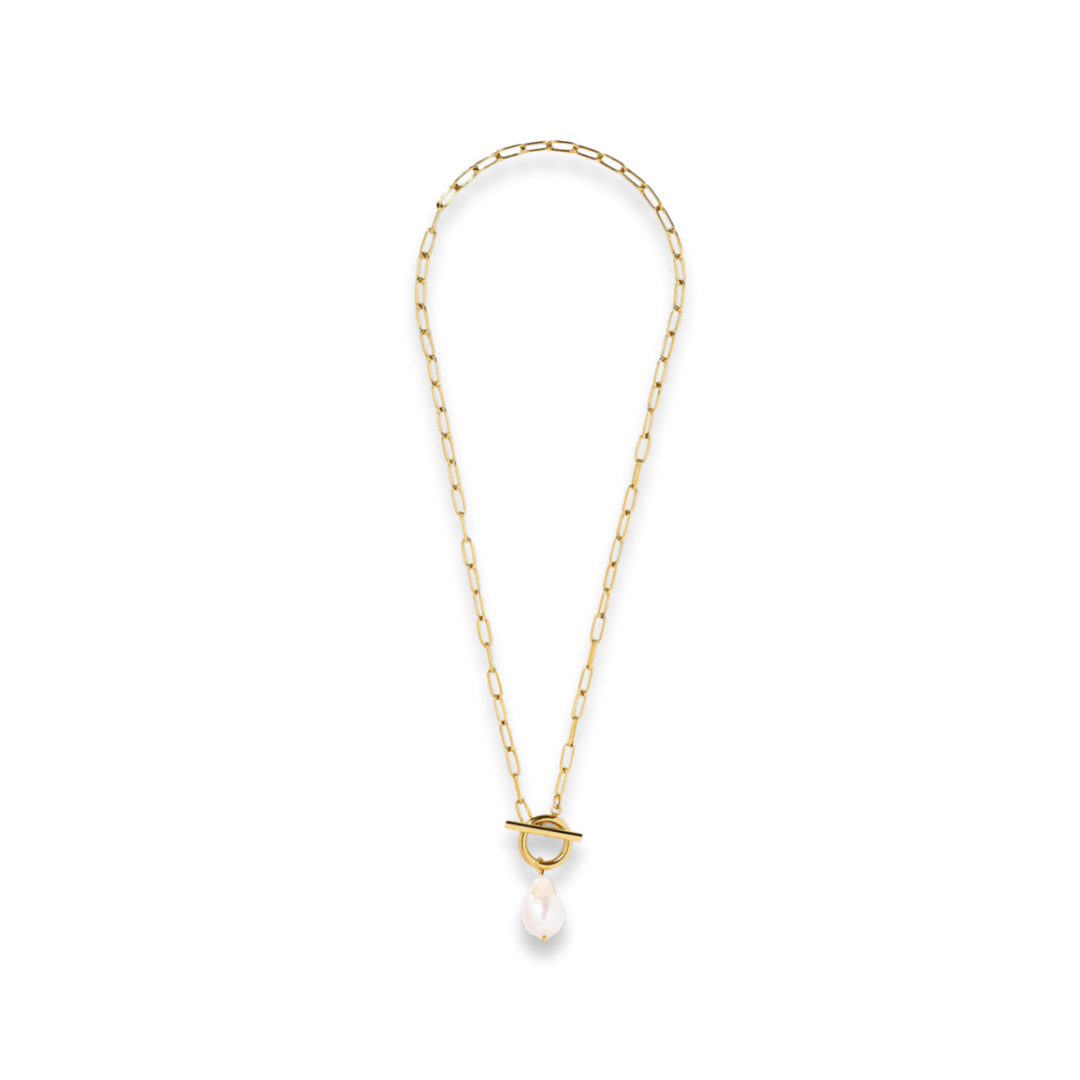 Gold necklace with a pearl pendant on a white background