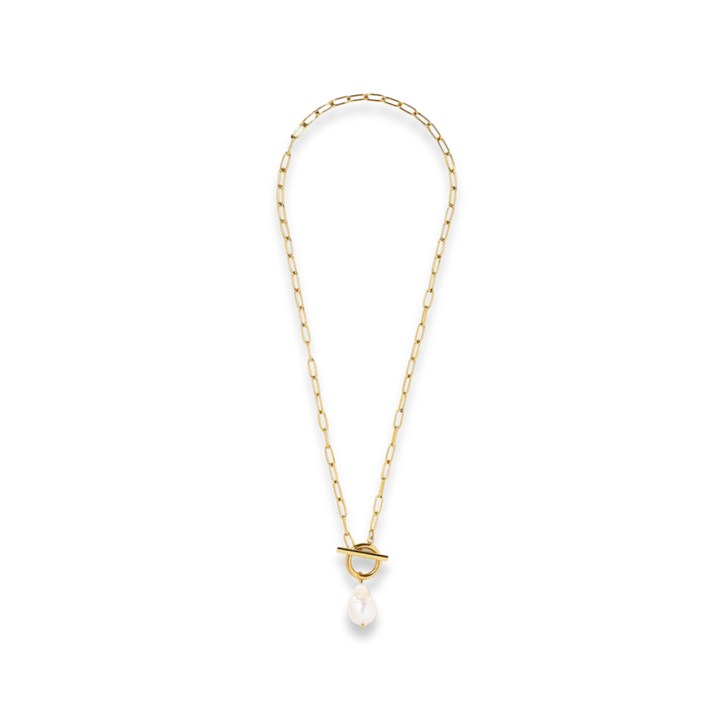 Gold necklace with a pearl pendant on a white background