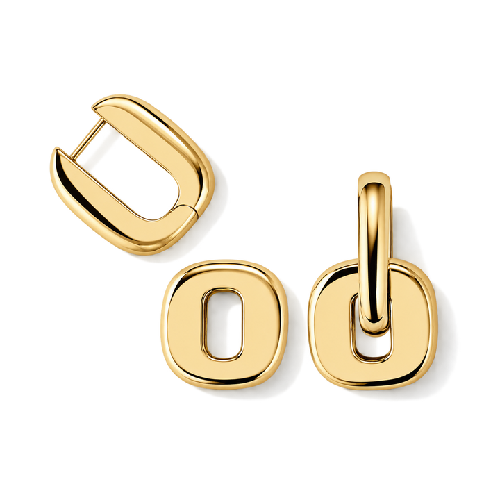 Three gold-toned jewelry pieces arranged on a clean white background: a clasp view, a front view, and a side view of a matching pendant or charm with a looped back.