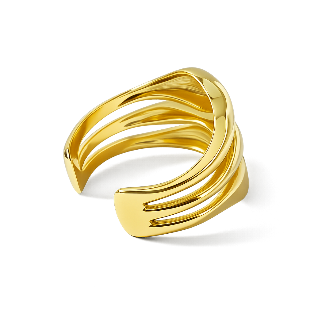 Gold ring with a modern design on a white background