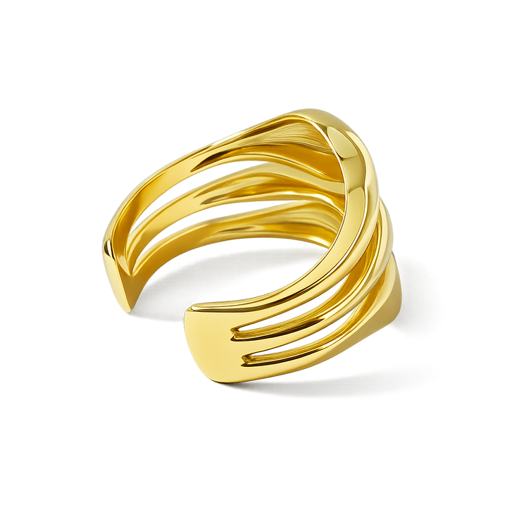 Gold ring with a modern design on a white background