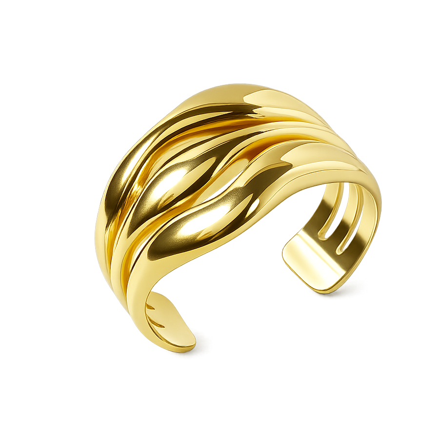 Gold bracelet with wavy design on a white background
