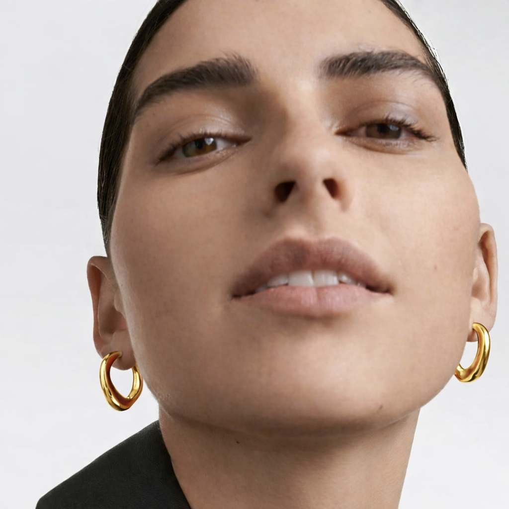 Close-up of a person wearing gold hoop earrings against a neutral background