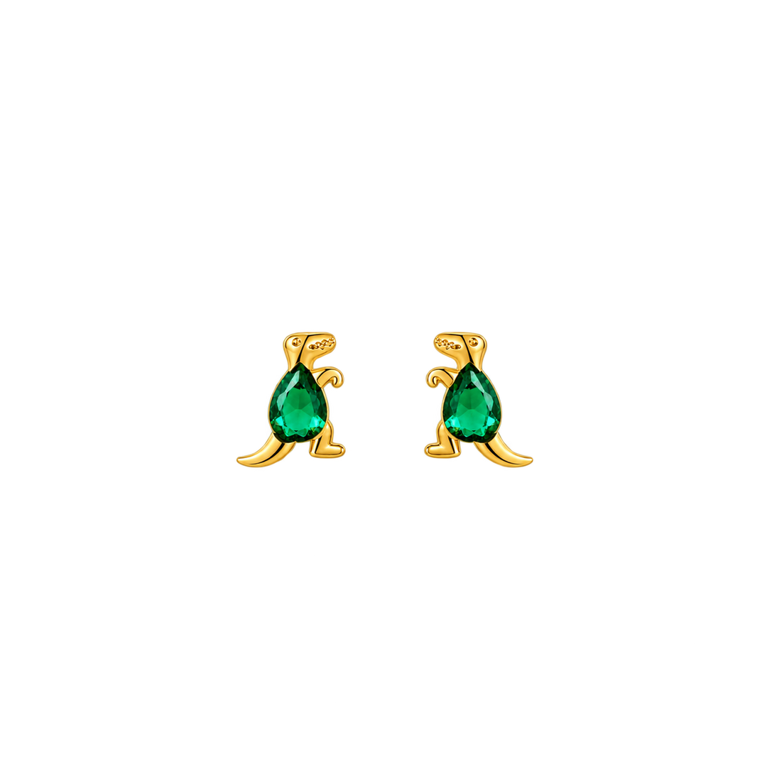 A pair of gold-tone stud earrings shaped like kangaroos, featuring a faceted green teardrop gemstone for the body and small gold details for the arms and head, shown on a plain white background.
