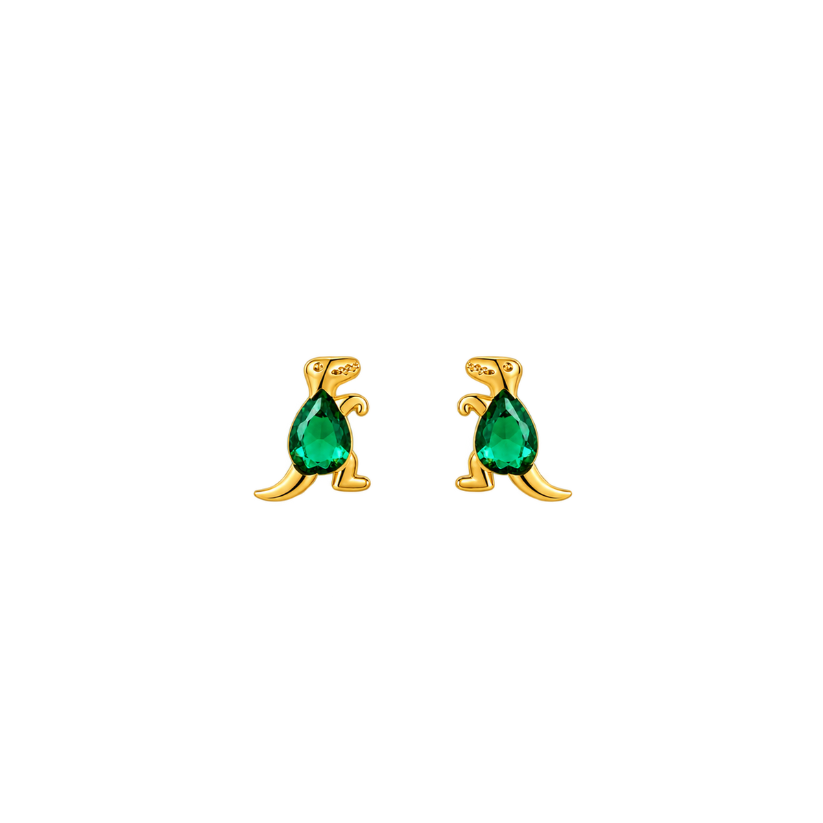 A pair of gold-tone stud earrings shaped like kangaroos, featuring a faceted green teardrop gemstone for the body and small gold details for the arms and head, shown on a plain white background.