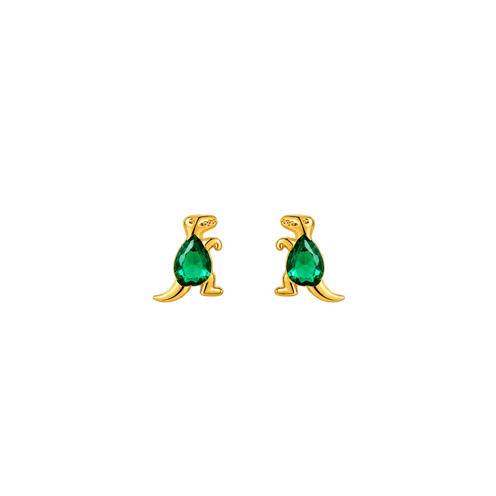 A pair of gold-tone stud earrings shaped like kangaroos, featuring a faceted green teardrop gemstone for the body and small gold details for the arms and head, shown on a plain white background.