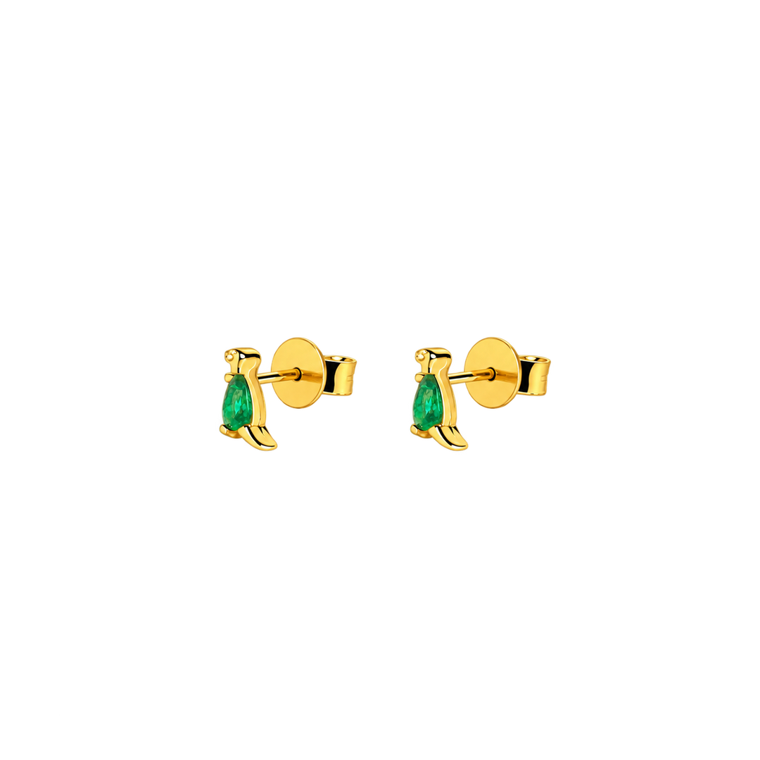 A pair of gold stud earrings with small green teardrop-shaped gemstones, shown on a plain white background.