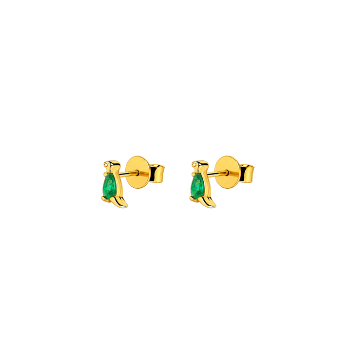 A pair of gold stud earrings with small green teardrop-shaped gemstones, shown on a plain white background.