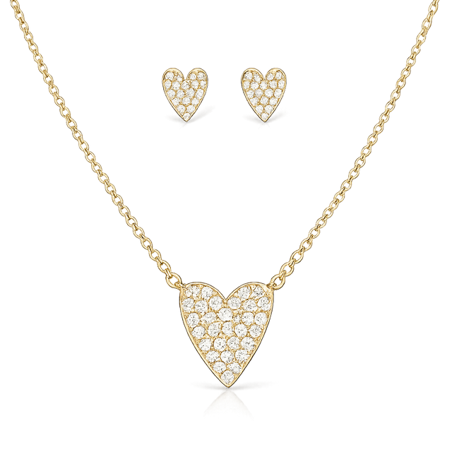 Gold heart-shaped necklace and earrings on a white background