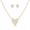 Gold heart-shaped necklace and earrings on a white background