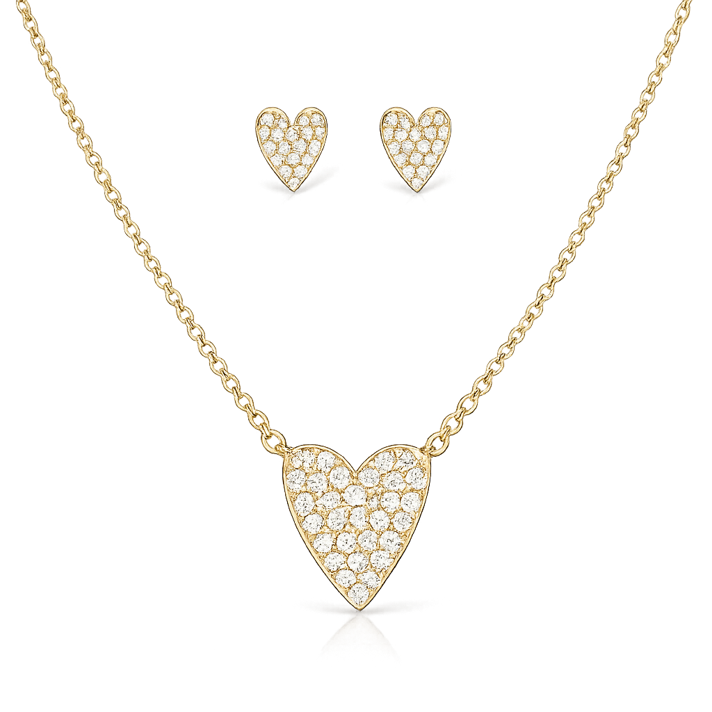 Gold heart-shaped necklace and earrings on a white background