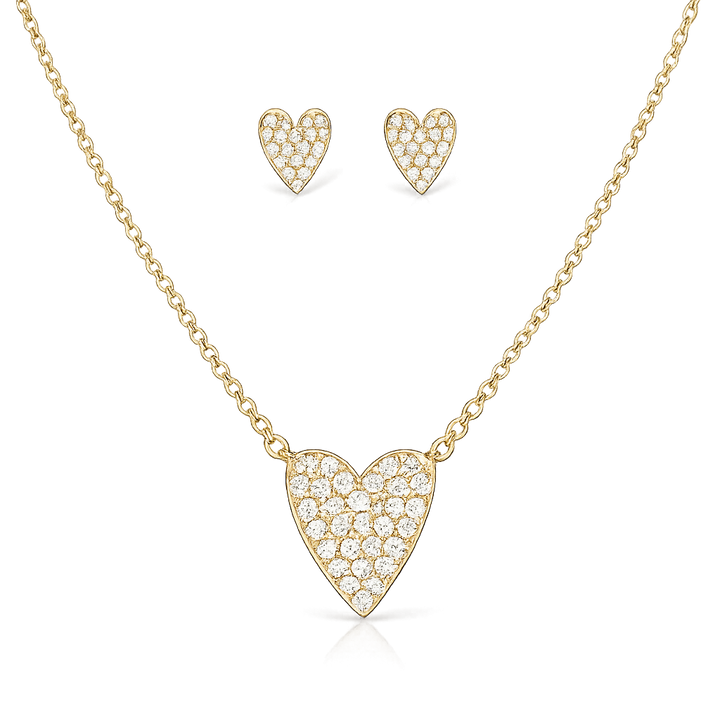 Gold heart-shaped necklace and earrings on a white background