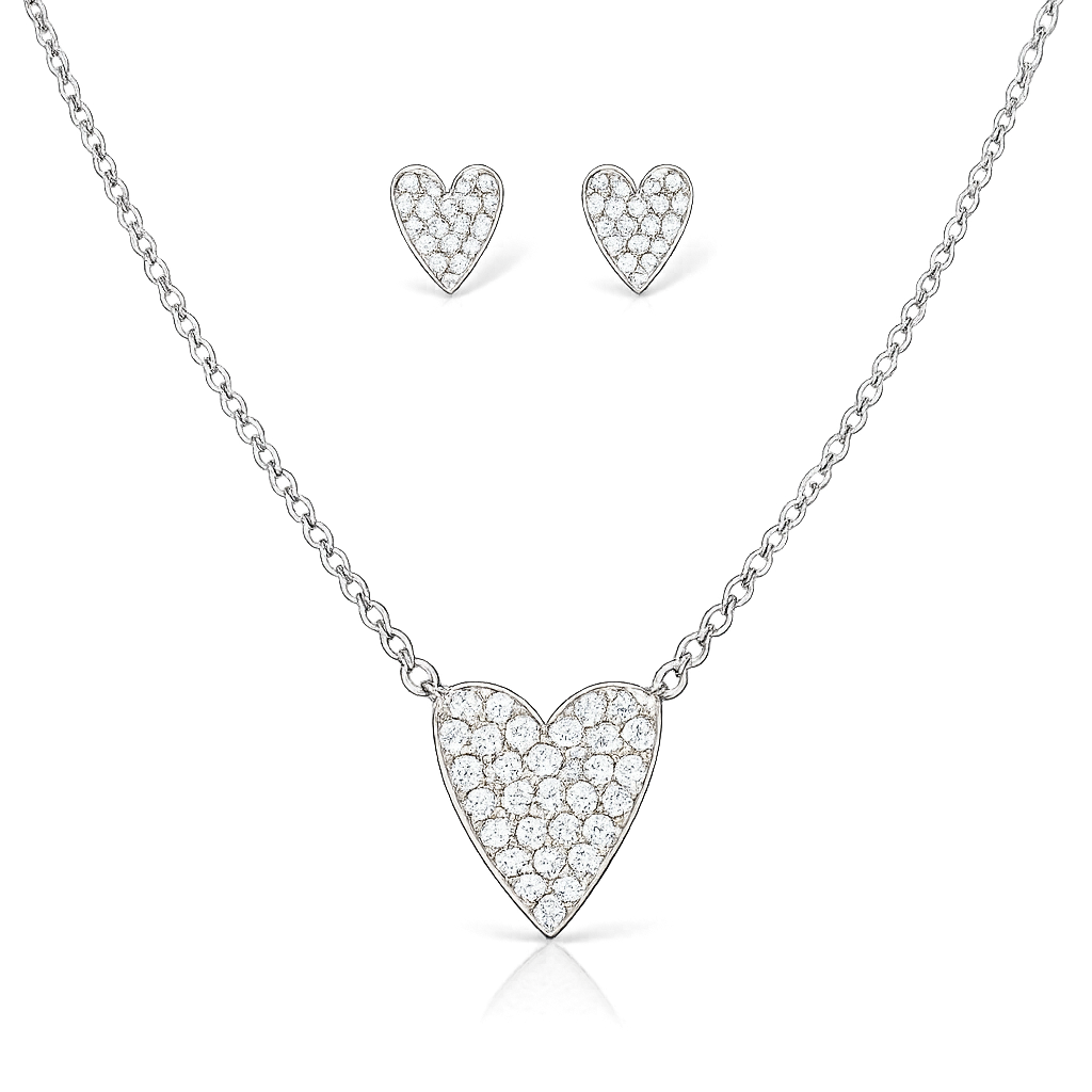 Heart-shaped necklace and earrings set on a white background