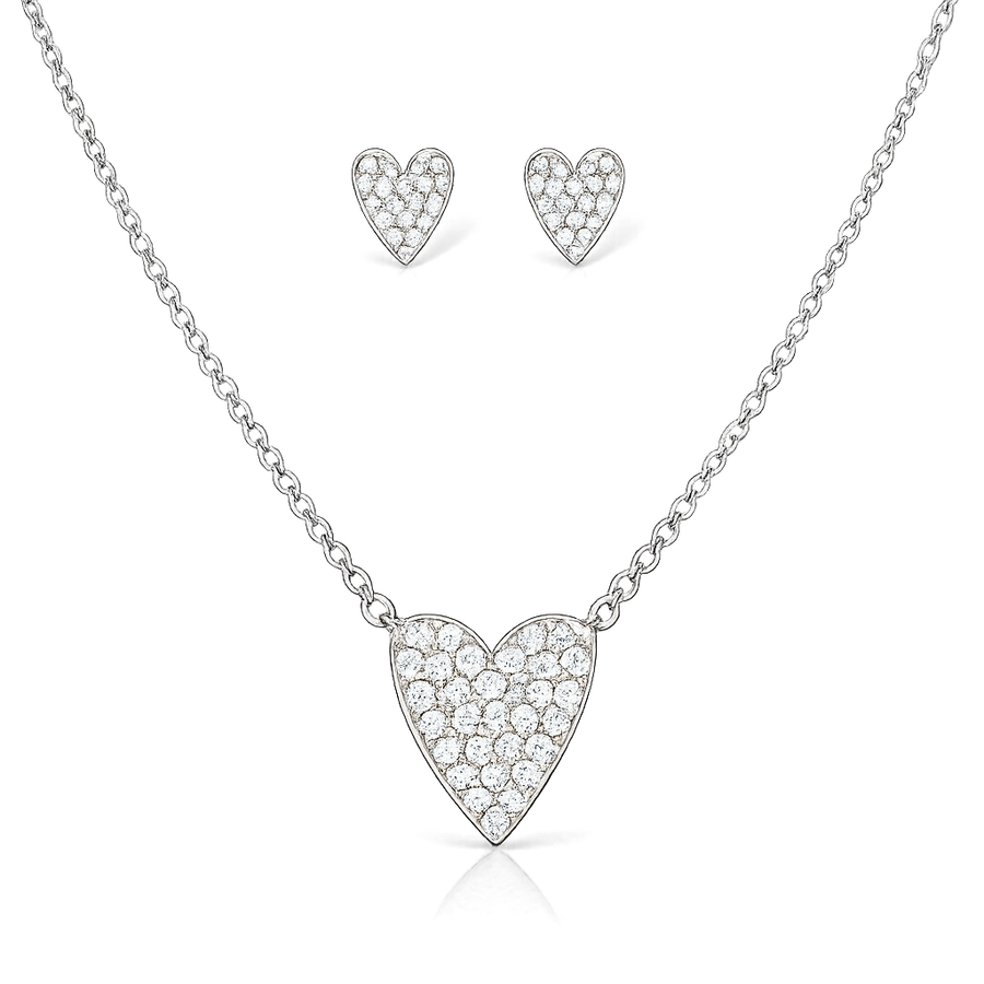 Heart-shaped necklace and earrings set on a white background