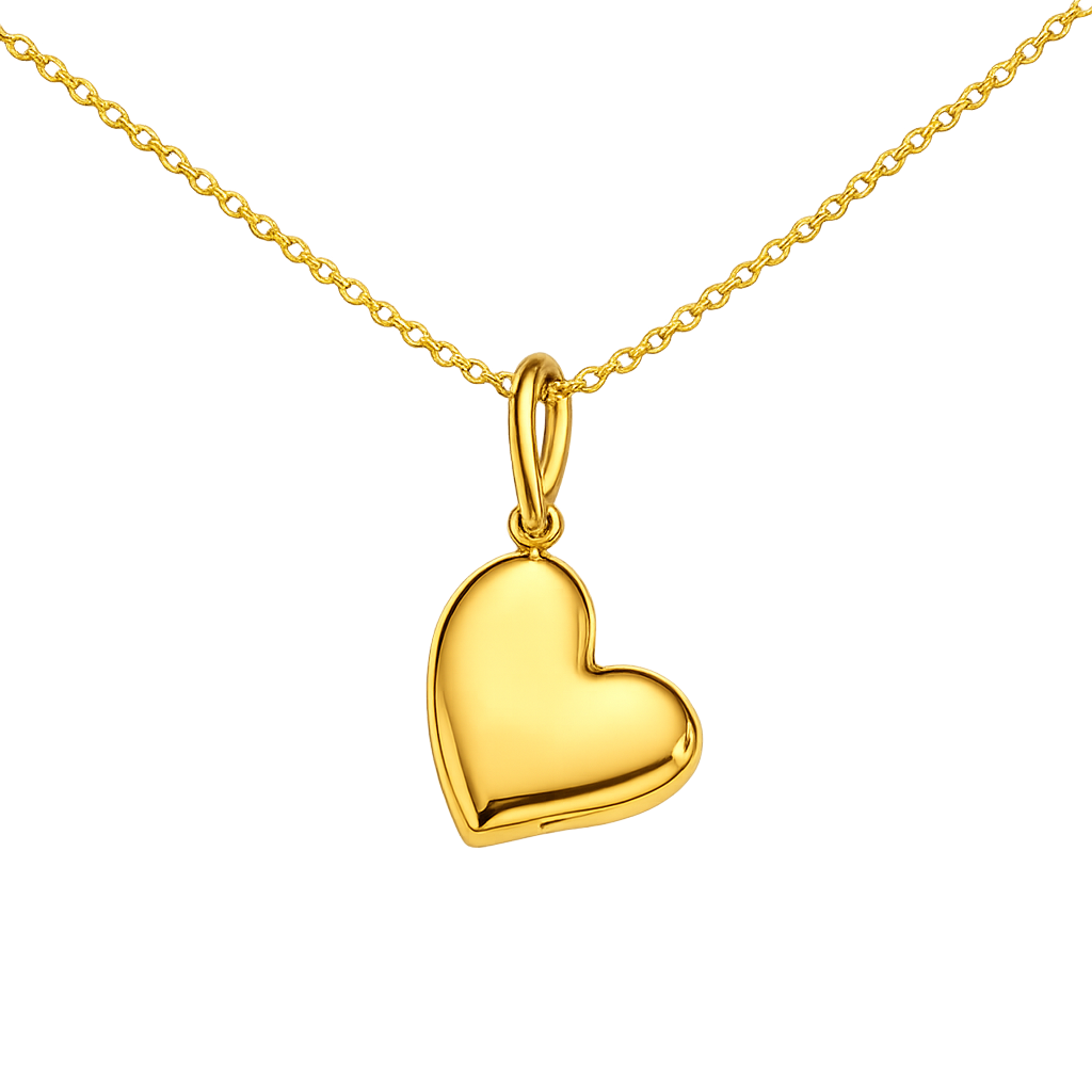 Gold heart-shaped pendant on a gold chain against a white background