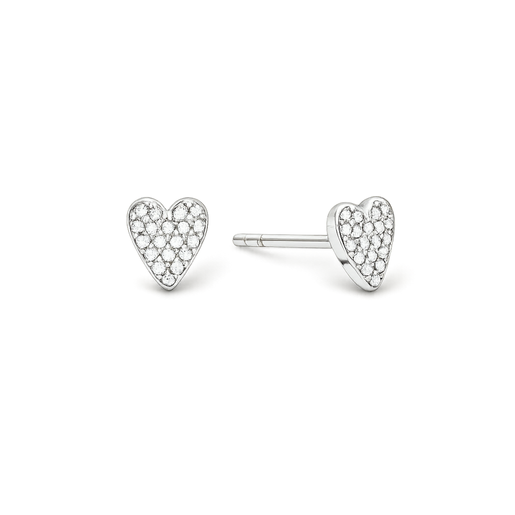 pave heart studs in silver