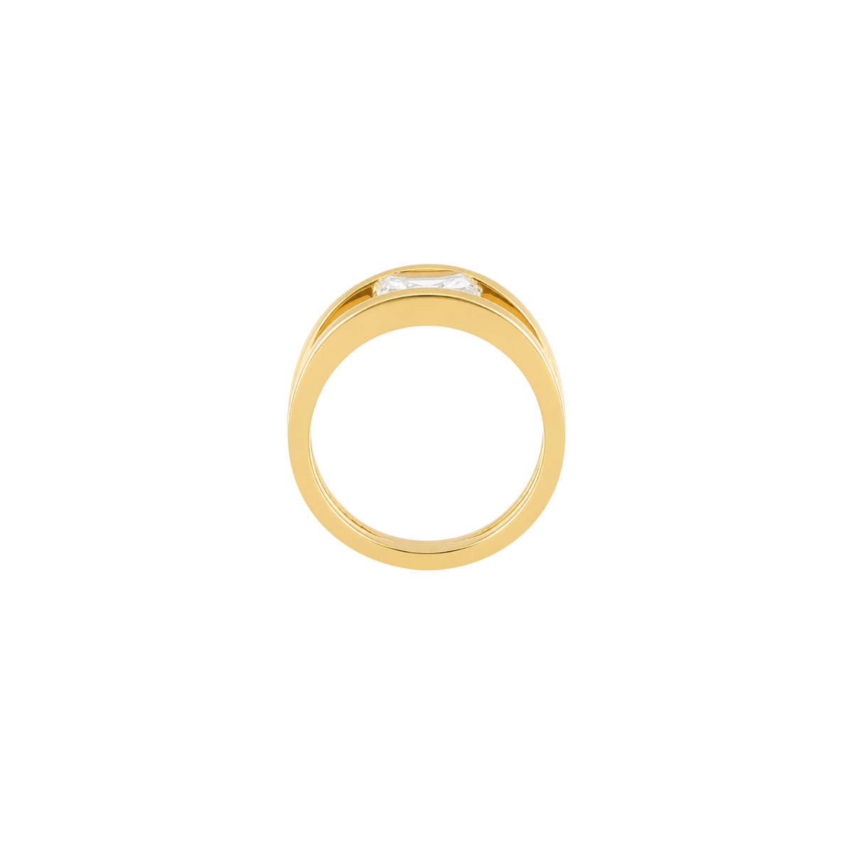 A gold ring with a small rectangular clear gemstone, shown from a top-down view on a plain white background.