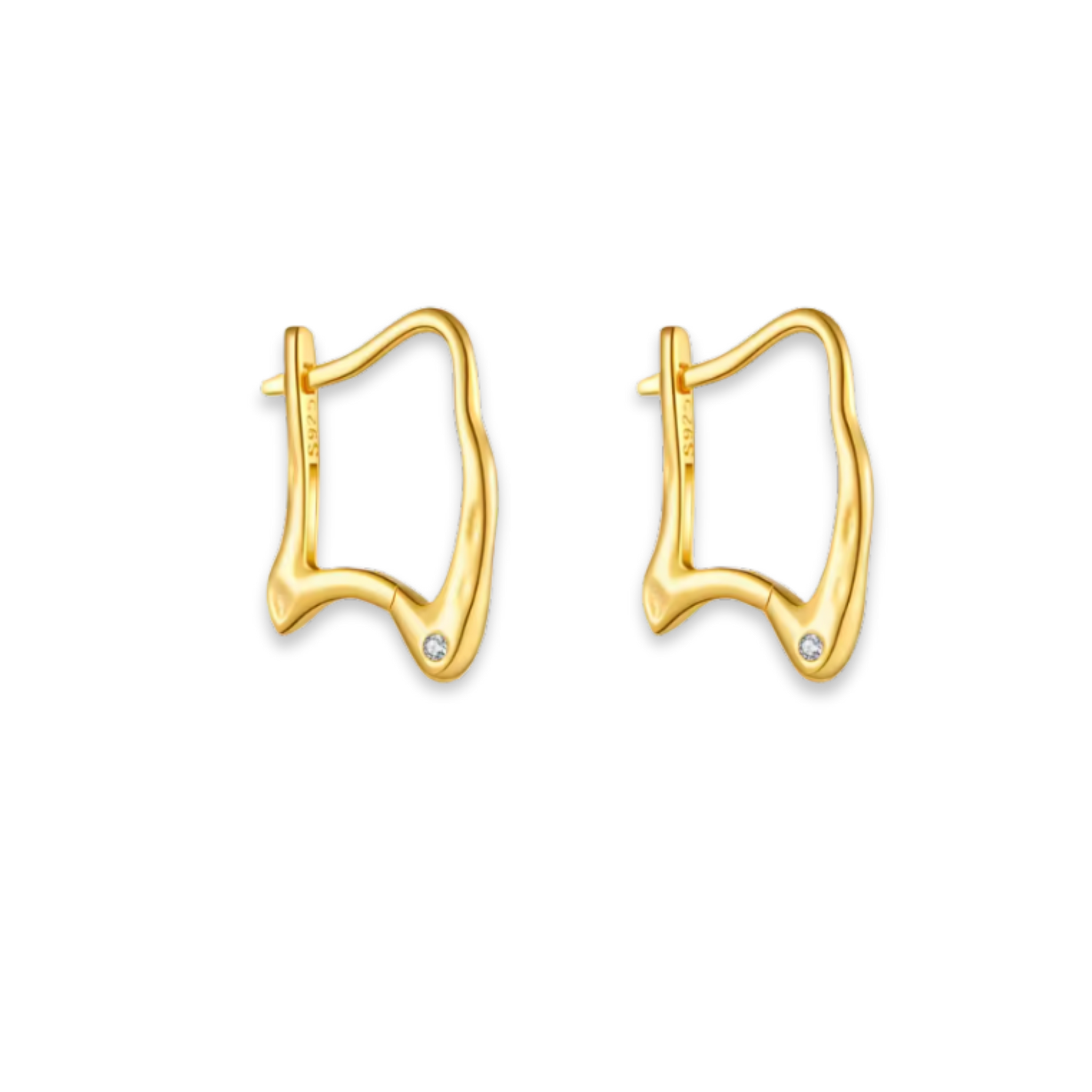 Gold hoop earrings with small diamonds on a white background