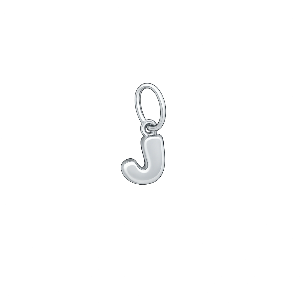 Silver letter 'J' charm on a white background