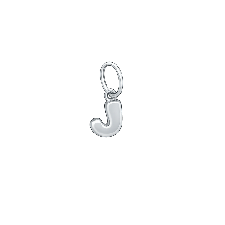 Silver letter 'J' charm on a white background
