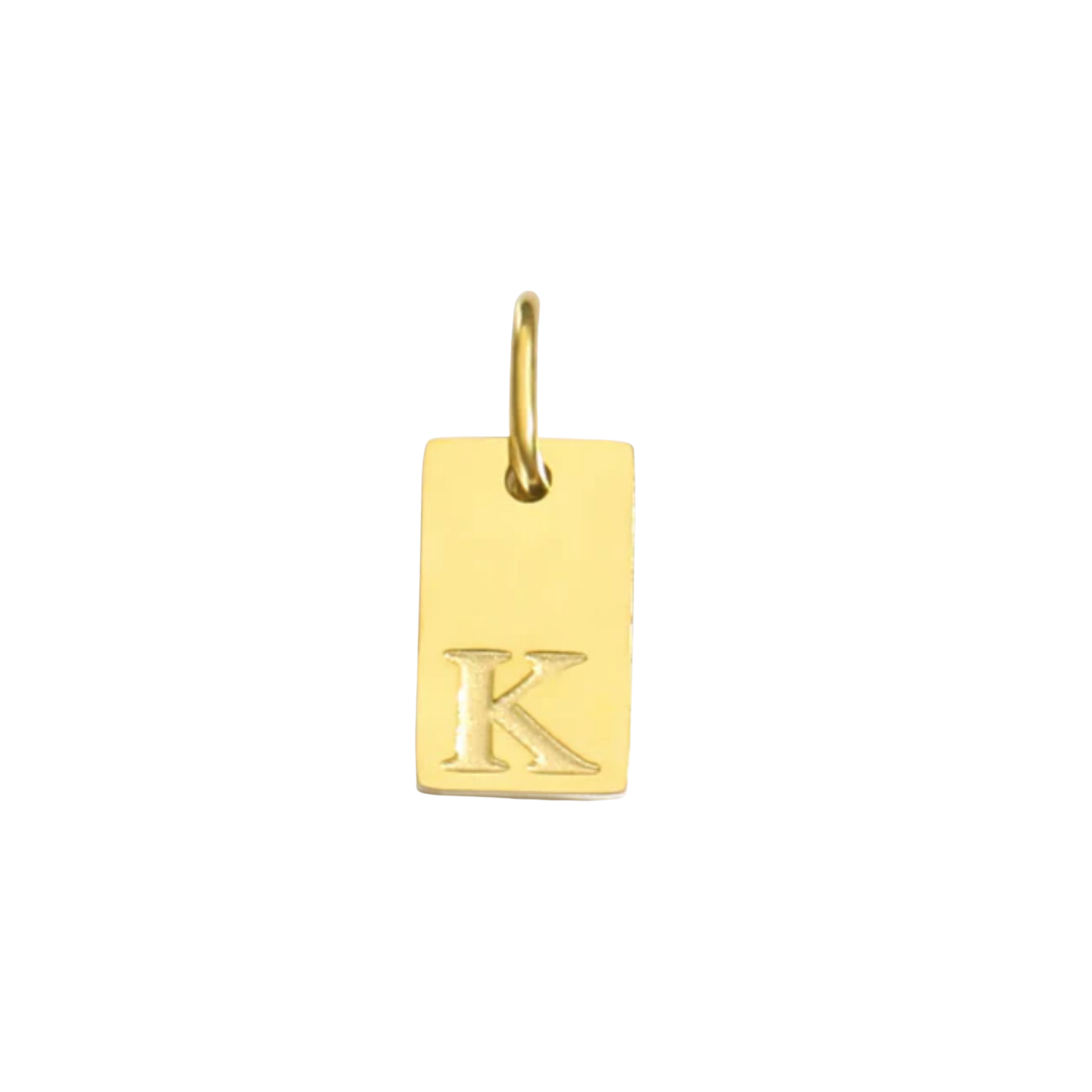 Gold pendant with the letter 'K' on a white background