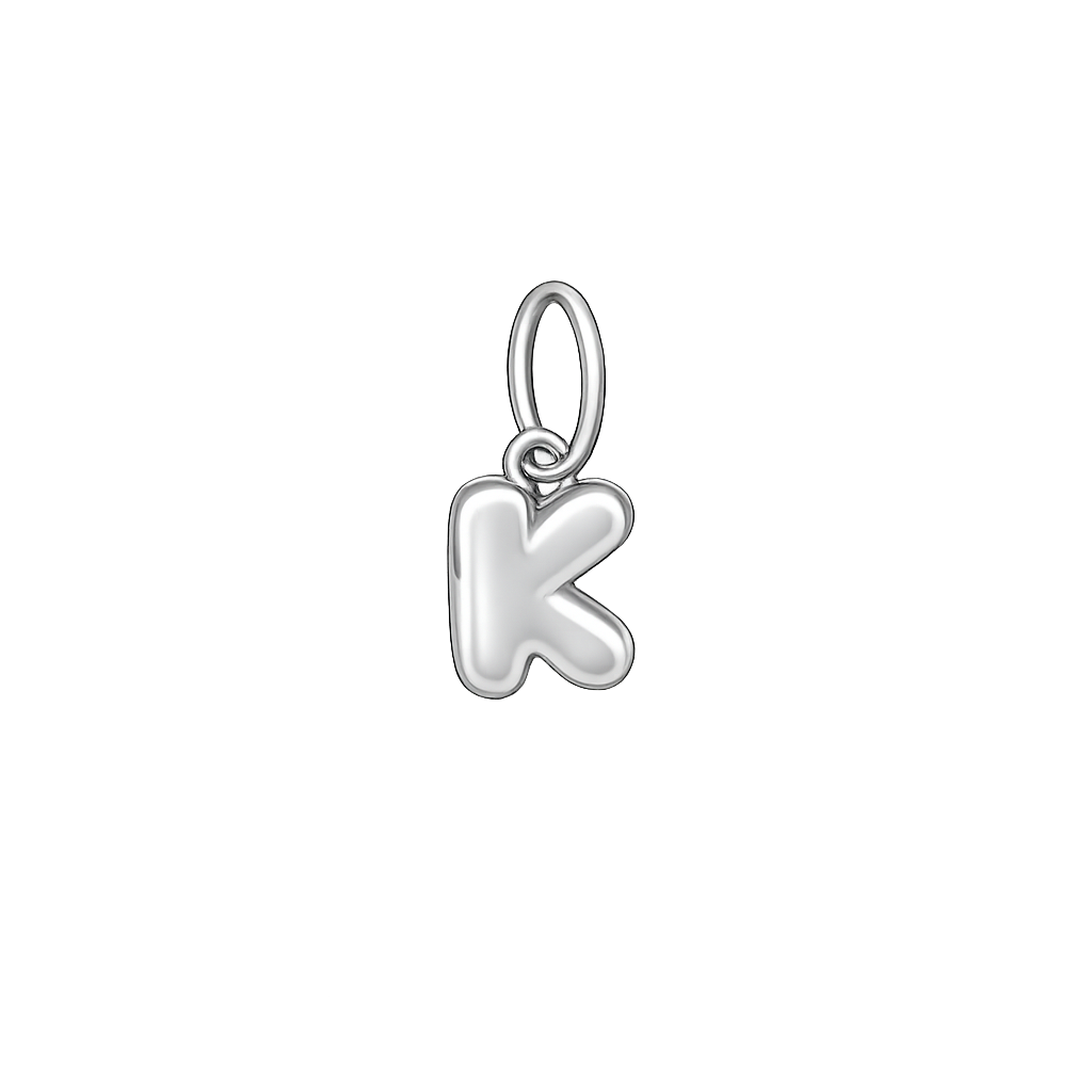 Silver letter 'K' pendant on a white background