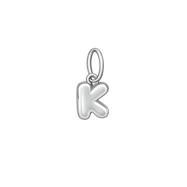 Silver letter 'K' pendant on a white background