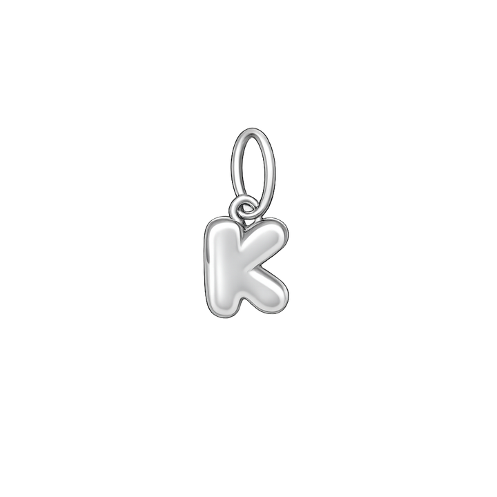 Silver letter 'K' pendant on a white background