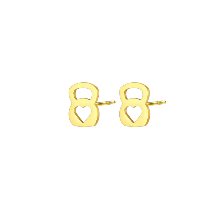 Gold earrings with heart designs on a white background