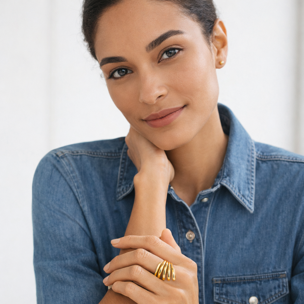 Woman wearing a denim shirt with gold rings on a white background