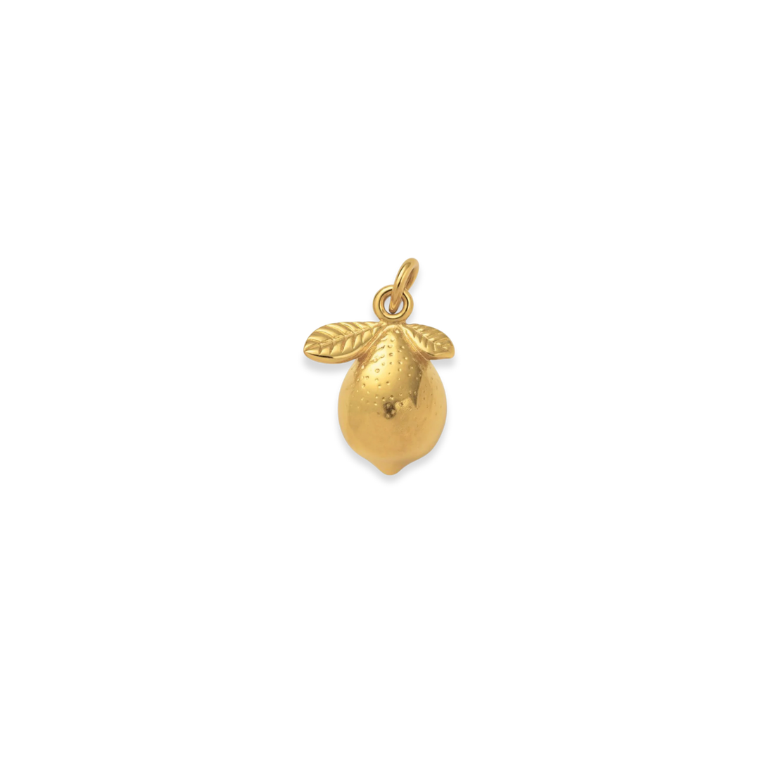 Gold pendant shaped like a lemon on a white background