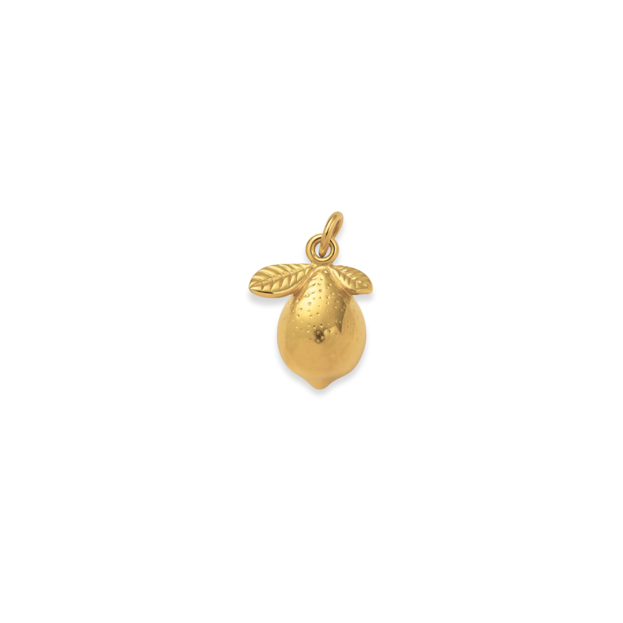 Gold pendant shaped like a lemon on a white background