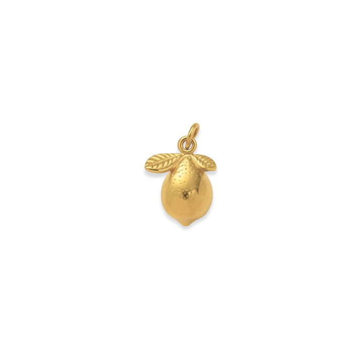 Gold pendant shaped like a lemon on a white background