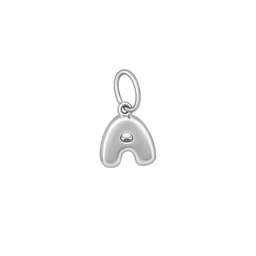 Silver letter 'A' charm with a small round gemstone on a white background