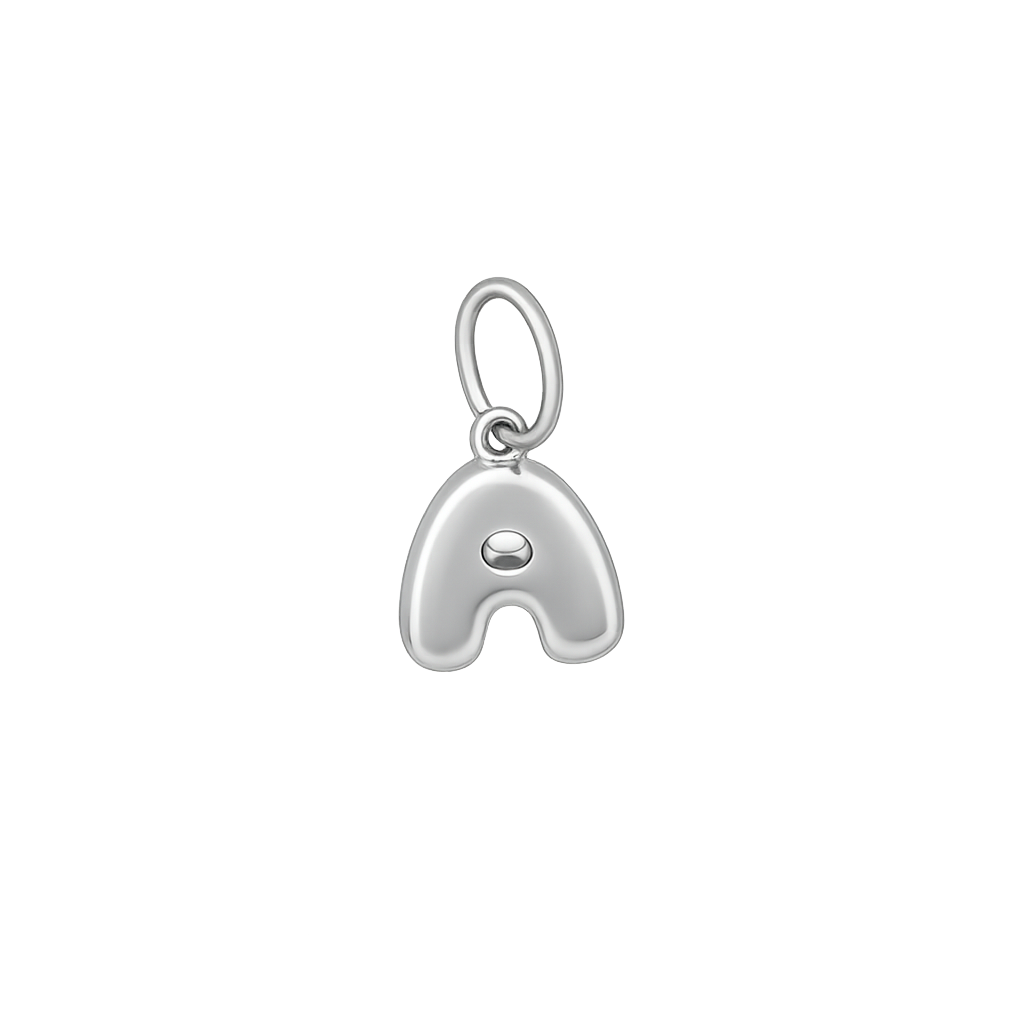 Silver letter 'A' charm with a small round gemstone on a white background