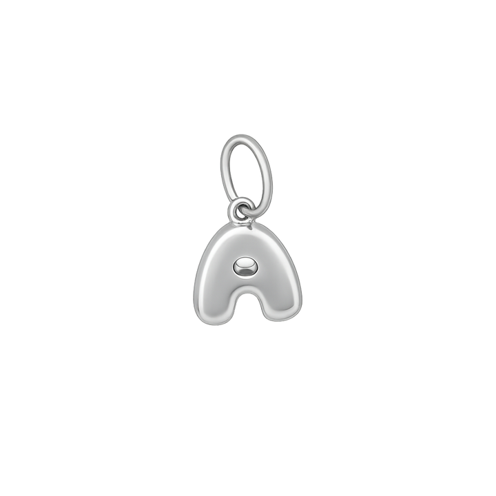 Silver letter 'A' charm with a small round gemstone on a white background