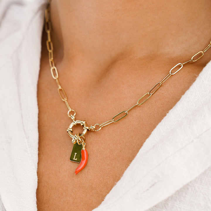 Gold necklace with a red and green charm on a person wearing a white shirt.