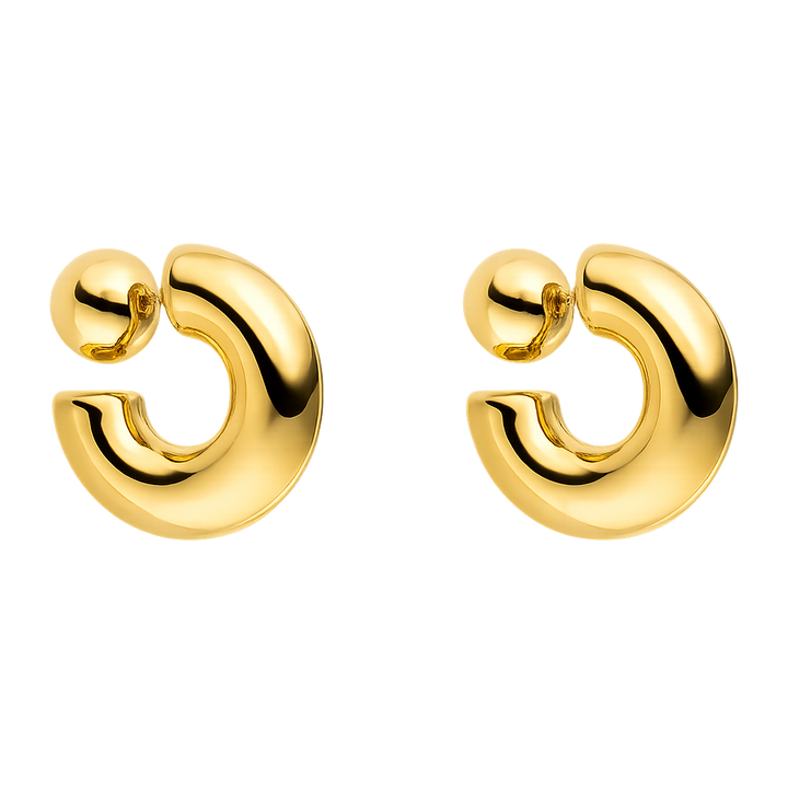 Pair of gold hoop earrings on a white background