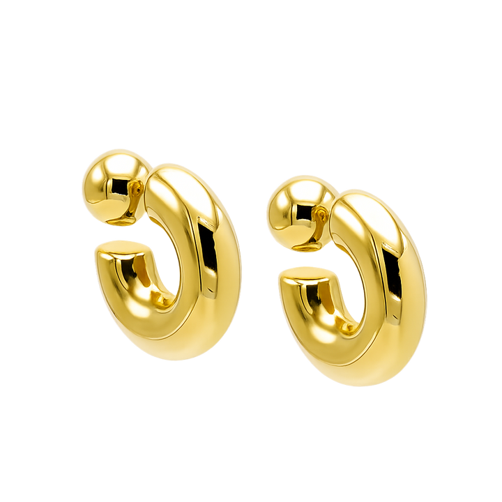 Pair of gold hoop earrings on a white background