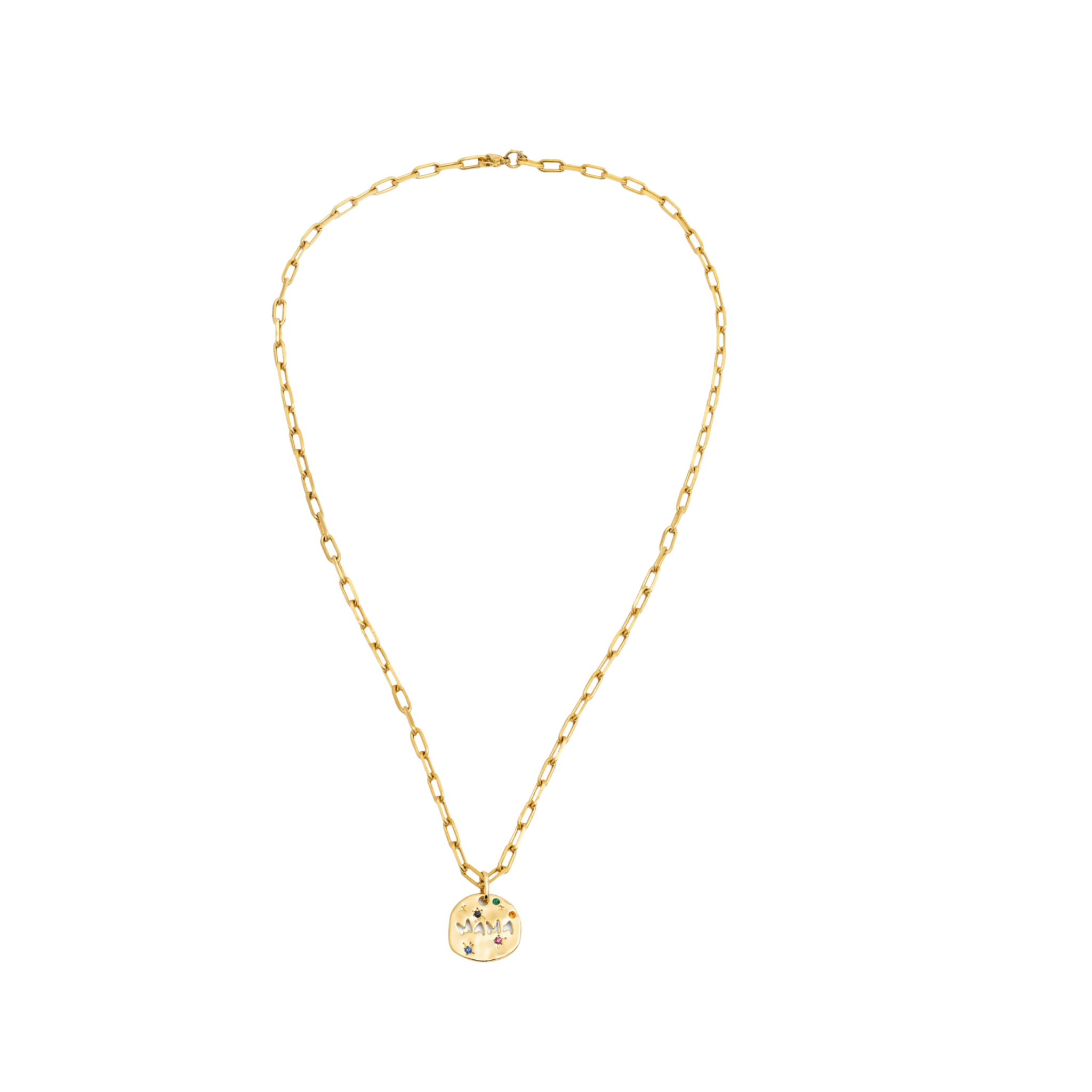 Gold necklace with a round pendant on a white background