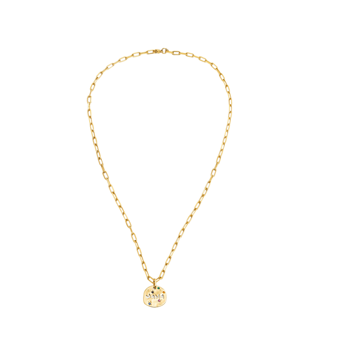 Gold necklace with a round pendant on a white background