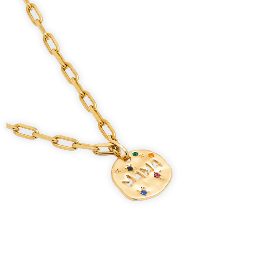 Gold necklace with a heart-shaped pendant featuring colorful stones on a white background