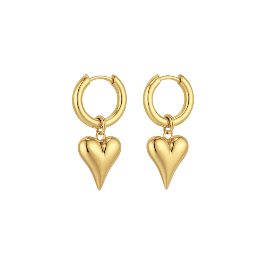 Gold heart-shaped hoop earrings on a white background