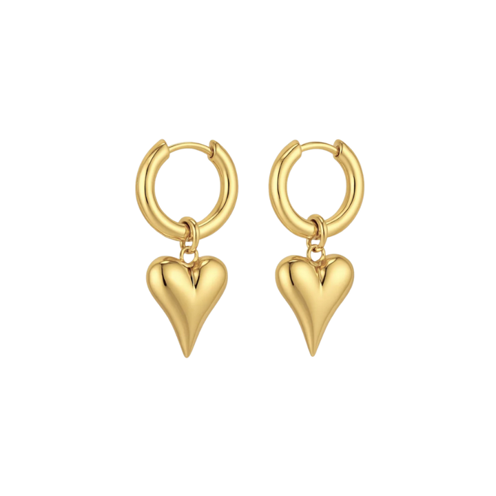 Gold heart-shaped hoop earrings on a white background